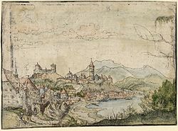 Albrecht Altdorfer - Пейзаж с град край езерото (ръчно оцветени) Albertina DG1926-1783.jpg