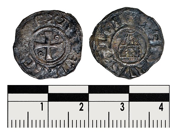 Coin of Amaury (1163-1174): Amaury and his successors used the Holy Sepulchre on the obverse image for their deniers as a way of strengthening their r