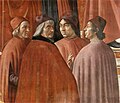 Humanistene Marsilio Ficino, Cristoforo Landino, Angelo Poliziano og Demetrios Chalkokondyles. Detalj i freskomaleri av Domenico Ghirlandaio.