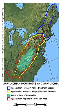 Areas sometimes included when referencing the Appalachian region. Northern section is generally not included. Appalachians and Appalachia Map TEST.jpg