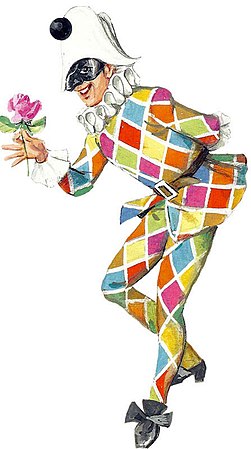 Harlequin, a stock role in Commedia dell'arte, wearing a mask.