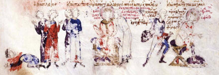 The assassination of Michael III (right) and the proclamation of Basil I (center) as the new basileus.