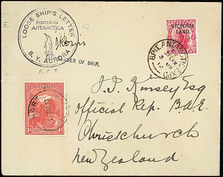 A 1912 envelope from the Aurora to New Zealand postmarked Hobart, 17 March 1913. From the John Clemente collection.[2]