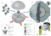 A schematic drawing of a vertical cross-section through a BARS press: the synthesis capsule is surrounded by four tungsten carbide inner anvils. Those inner anvils are compressed by four outer steel anvils. The outer anvils are held a disk barrel and are immersed in oil. A rubber diaphragm is placed between the disk barrel and the outer anvils to prevent oil from leaking.