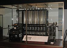 The London Science Museum's difference engine, the first one actually built from Babbage's design. The design has the same precision on all columns, but in calculating polynomials, the precision on the higher-order columns could be lower. Babbage Difference Engine.jpg