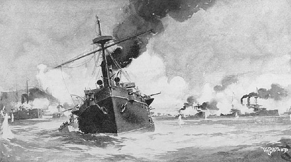 Reina Cristina (foreground) in action against Dewey's squadron (right) in a painting by W. G. Wood. Isla de Cuba and Isla de Luzón at left.