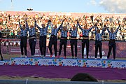 Deutsch: Beachhandball bei den Olympischen Jugendspielen 2018 in Buenos Aires; Tag 7, 13. Oktober 2018; Medaillenzeremonie Mädchen - Gold: Argentinien, Silber: Kroatien, Bronze: Ungarn English: Beach handball at the 2018 Summer Youth Olympics in Buenos Aires at 13 October 2018 – Medal Ceremony Girls - Gold: Argentina, Silver: Croatia, Bronze: Hungary Español: Handball de playa en los Juegos Olimpicos de la Juventud Buenos Aires 2018 en 13 de octubre de 2018 – Medalla Ceremonia para niñas - Oro: Argentina, Plata: Croacia, Bronce: Hungría