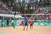 Deutsch: Beachvolleyball bei den Olympischen Jugendspielen 2018; Tag 11, 17. Oktober 2018; Jungen,Finale – Niederlande (Matthew Immers/Yorick de Groot)-Schweden (David Åhman/Jonatan Hellvig) 0:2 (20–22/15–21) English: Beach volleyball at the 2018 Summer Youth Olympics at 17 October 2018 – Final – Netherlands (Matthew Immers/Yorick de Groot)-Sweden (David Åhman/Jonatan Hellvig) 0:2 (20–22/15–21)