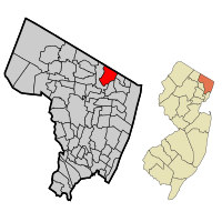 Location of Old Tappan in Bergen County highlighted in red (left). Inset map: Location of Bergen County in New Jersey highlighted in orange (right).