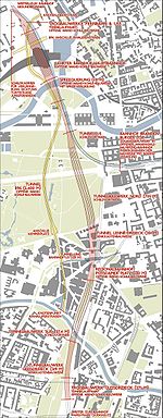 Plan of the Berlin North–South mainline.  The site of Potsdamer Bahnhof is in the bottom third of plan, on the route of the (new) main line, while the site of another former station Anhalter Bahnhof is almost parallel parkland, but further towards the South Eastern corner of the plan