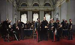 The Congress of Berlin's final legal act on 28 June 1878 was the Treaty of Berlin. Among its various stipulations, the treaty gave Austria-Hungary a legal mandate to occupy the Ottoman Empire's Bosnia Vilayet. Berliner kongress.jpg