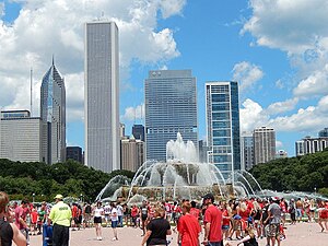 People walking around Buckingham Fountain to attend a rally (2013) Blackhawks Rally @ Grant Park in chicago.jpg