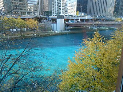 The river dyed blue during the Chicago Cubs' 2016 World Series celebration