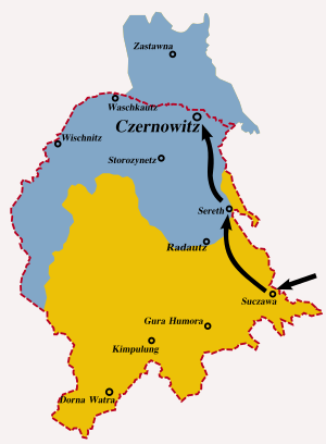 Схема наступу румунських військ (листопад 1918) Синім виділена територія, де більшість населення становили українці, жовтим - румуни. Червоним пунктиром - межі територіальних зазіхань Румунії в 1916 р.
