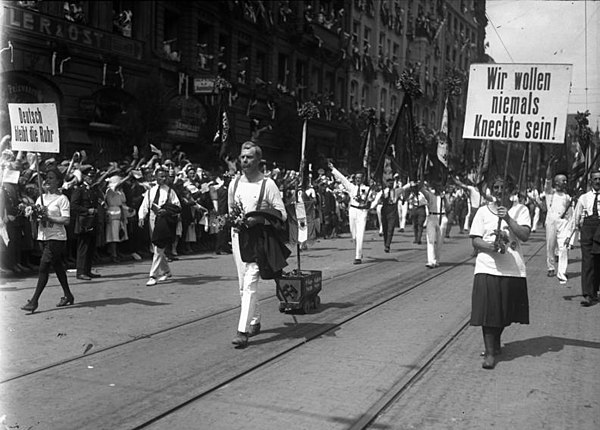 Protests by gymnasts from the Ruhr at the 1923 Munich Gymnastics Festival. The sign on the left reads "The Ruhr remains German". The right placard rea