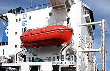 Modern lifeboat on Caroline Delmas. Note the fully enclosed nature, and the small ducted screw providing mobility. Caroline Delmas (3).jpg