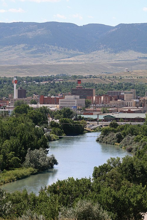 Overview of downtown, looking south toward Casper Mountain, with North Platte River