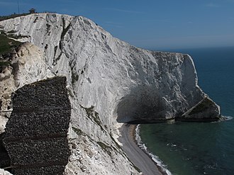 Scratchell's Bay showing northward increase in dip towards the Isle of Wight monocline Chalk beds at Scratchell's Bay.JPG