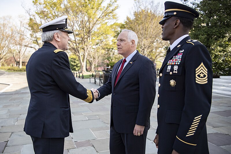 File:Chief of Defence for Belgium Admiral Michel Hofman participates in a Public Wreath-Laying Ceremony at the Tomb of the Unknown Soldier in Arlington National Cemetery on April 5, 2023 - 1.jpg