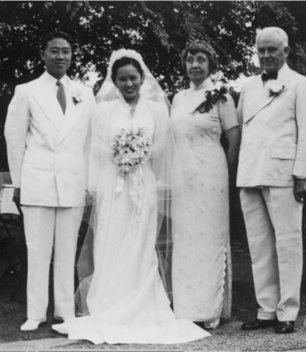 Chien-Shiung Wu and Luke Yuan (left) at the home of Mr. and Mrs. Robert Millikan (right) on their wedding day