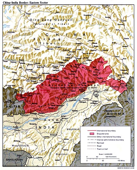 Disputed area on China-India border – most of Arunachal Pradesh