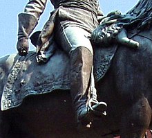 Detail of the statue, showing stirrup and no saddle Cincinnati-harrison-statue - extract.jpg