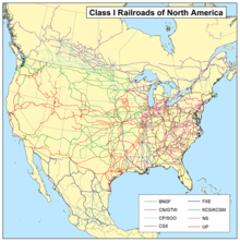 2006 map of the North American Class I railroad network Class1rr.png