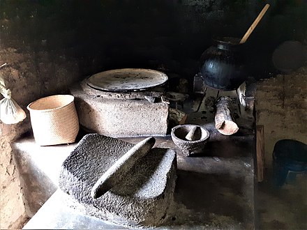 A complete set of utensils for a contemporary indigenous kitchen with molcajete (stone mortar) and the metate in the foreground, comal, palm tenate, and a clay pot. San Juan Achiutla, Oaxaca, México, 2020.