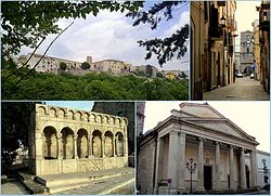 Top left: Landscape of Isernia, Top right: "Corso Marcelli" Street, Bottom left: Fontana Fraterna, Bottom right: "San Pietro" Cathedral