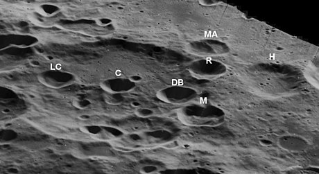 The craters L. Clark (LC), Chawla (C), D. Brown (DB), M. Anderson (MA), McCool (M), Ramon (R), and Husband (H). Lunar Orbiter 5 image. Columbia astronaut craters labeled 5026 h1.jpg