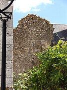 Photographie en couleurs d'un pan de mur ruiné au fond d'une cour.