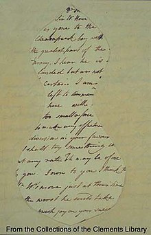 A covert August 10, 1777 letter from Henry Clinton to John Burgoyne concerning the beginning of the Philadelphia campaign. Clinton used the covert mask method to disguise the letter's intended contents. Covert letter August 10, 1777 Henry Clinton to John Burgoyne.jpg