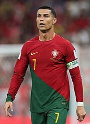 Portugal captain and forward Cristiano Ronaldo won the Alipay Top Scorer award after scoring five goals in the tournament. Cristiano Ronaldo WC2022 - 01 (cropped).jpg