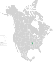Карта Северной Америки, показывающая политические подразделения второго уровня. Область, отмеченная зеленым цветом в горах Озарк, простирающаяся как на Арканзас, так и на Миссури, указывает на текущий диапазон обитания Озарка.