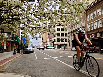 A cyclist utilizes the bicycle lanes on Fourth Avenue. Cyclist on Fourth Avenue in Huntington.jpg