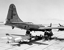 B-29 (P2B variant) on jacks to accept the Skyrocket