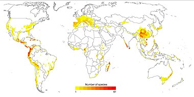 The distribution of 2,873 globally threatened amphibian species. Distribuicao das 2873 especies de anfibios globalmente ameacadas - Luedtke et al. 2023.jpg