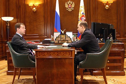 Dmitry Medvedev meets with Alexander Bortnikov on 27 March 2009 to discuss the ending of counter-terrorism operations in Chechnya.