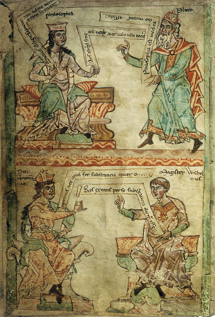 Illustration in medieval manuscript of Dragmaticon, with William of Conches at lower right