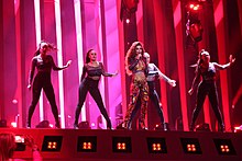 Eleni Foureira and her troupe during a rehearsal before the Grand Final on 12 May. ESC2018 - Cyprus 07.jpg