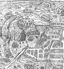 16th century illustration of the "Lang Siege" of Edinburgh, lasting from 1571 to 1573 and ending with supporters of James VI taking the castle Edinburgh Siege 1573.jpg