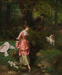 A Young Lady Crossing a Brook