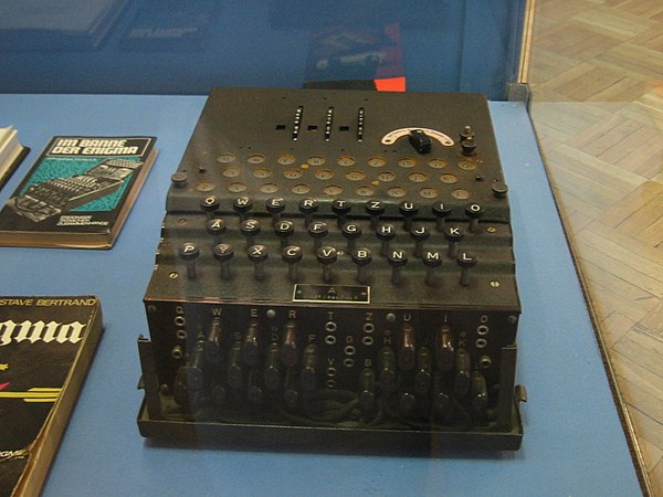 Enigma machine out of its wooden box