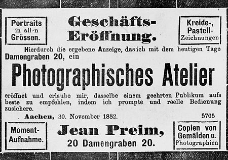 Eröffnungsanzeige Fotohaus Preim Aachen 1882