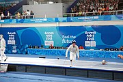 Deutsch: Fechten bei den Olympischen Jugend-Sommerspielen 2018: Tag 1, 7. Oktober 2018, Jungen, Säbel, Kampf um Bronze - Mazen Elaraby (EGY) - Robert Vidovszky (USA) 15:10 English: Fencing at the 2018 Summer Youth Olympics at 7 October 2018 – Boys' sabre Bronze medal match – Mazen Elaraby (EGY) Vs Robert Vidovszky (USA) 15:10