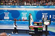 Deutsch: Fechten bei den Olympischen Jugend-Sommerspielen 2018: Tag 1, 7. Oktober 2018, Jungen, Säbel, Finale - Krisztián Rabb (HUN) - Hyun Jun (KOR) (USA) 15:13 English: Fencing at the 2018 Summer Youth Olympics at 7 October 2018 – Boys' sabre Gold medal match – Krisztián Rabb (HUN) Vs Hyun Jun (KOR) (USA) 15:13