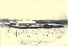 The fledgling settlement of Fairbanks as it appeared in 1903. The buildings shown are likely those of E. T. Barnette's trading post. First camp at Fairbanks 1903.jpg