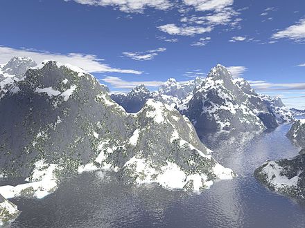 Computer generated fractal terrain using Perlin noise with Adobe Photoshop and Terragen.