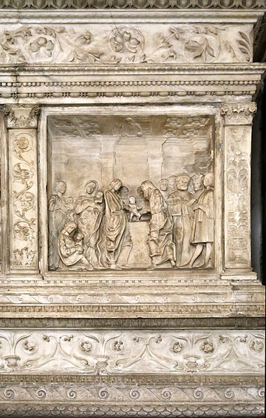 File:Francesco cazzaniga, poi tommaso cazzaniga e benedetto briosco, mon. di giacomo stefano brivio, 1486, 06 presentazione di gesù al tempio.jpg