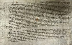 The University College's 1384 'French petition' to Richard II, and source of the college's Alfredian myth. French Petition to Richard III, University College, Oxford, 1384.jpg